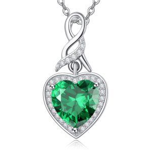 Sterling Silver Cubic Zirconia Heart Pendant Necklace with May Birthstone-0