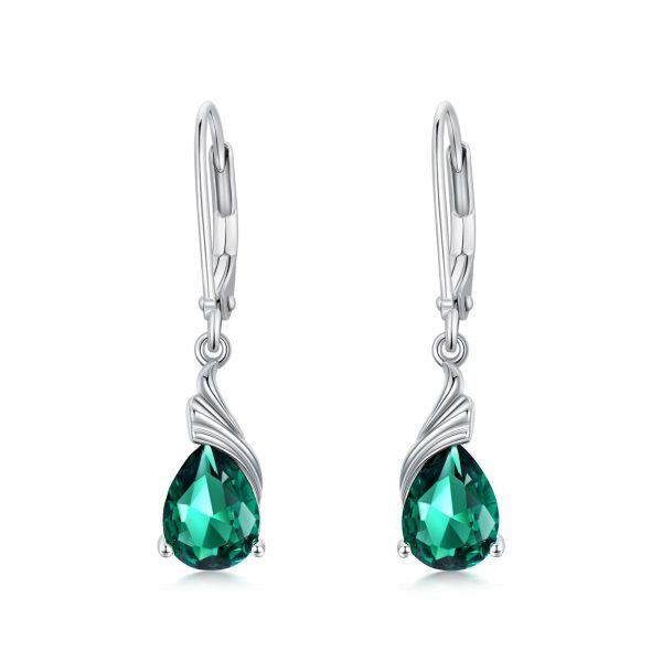 Sterling Silver Created Emerald Drop Earrings with May Birthstone-0