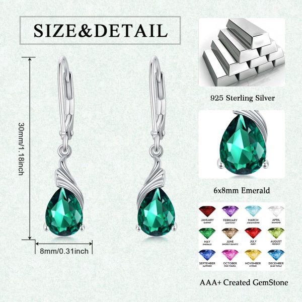 Sterling Silver Created Emerald Drop Earrings with May Birthstone-1