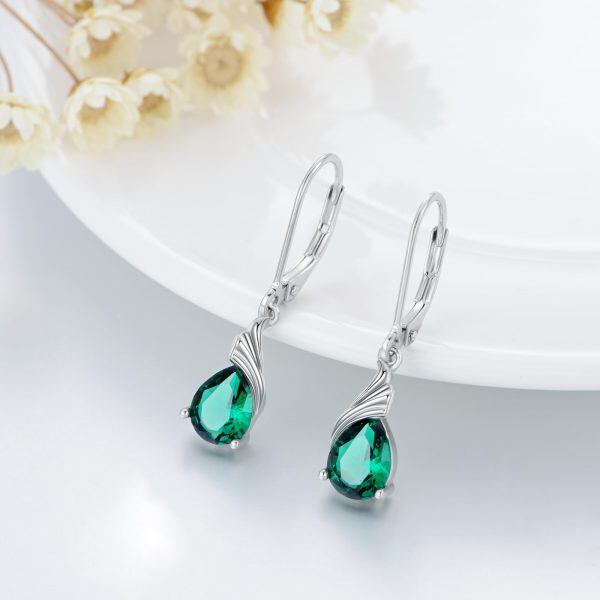 Sterling Silver Created Emerald Drop Earrings with May Birthstone-4