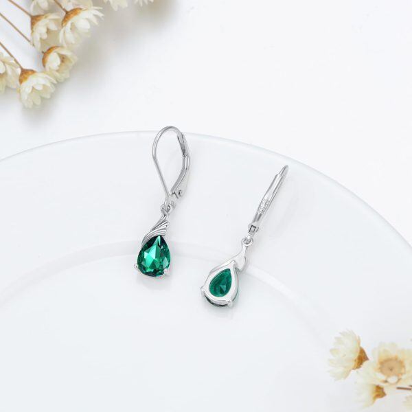 Sterling Silver Created Emerald Drop Earrings with May Birthstone-5