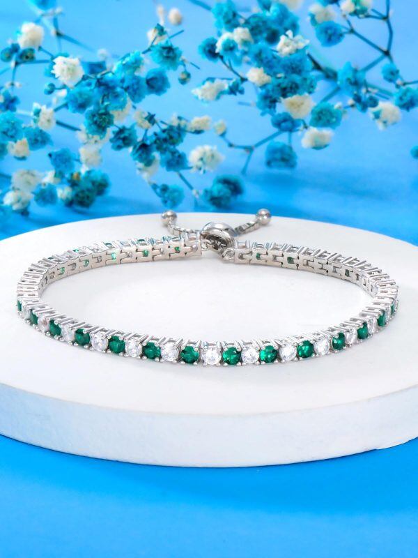 Sterling Silver 3.4mm Green CZ Tennis Bracelets with May Birthstone -3