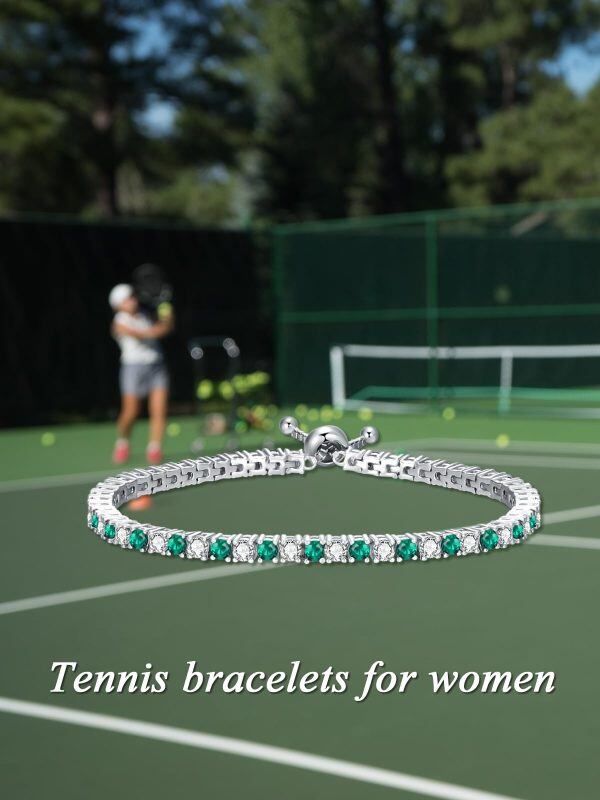 Sterling Silver 3.4mm Green CZ Tennis Bracelets with May Birthstone -5