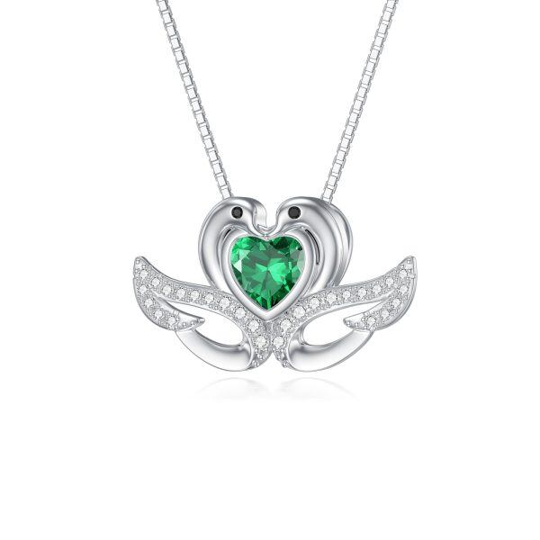 Sterling Silver Swan Pendant Necklace with May Birthstone-0