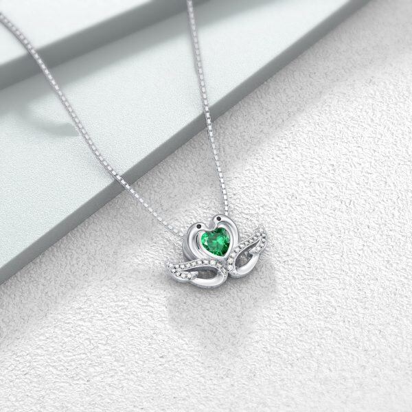 Sterling Silver Swan Pendant Necklace with May Birthstone-3