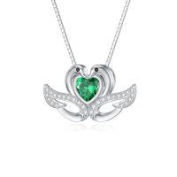 wholesale 925 Sterling Silver Heart-Shaped Emerald Stone Angel Wings Pendant Necklace for Women's Gifts- Rhodium Plated