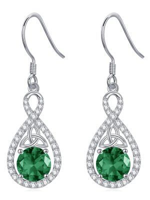 Sterling Silver Celtic Knot Irish Cubic Zircon Dangle Earrings with May Birthstone-0