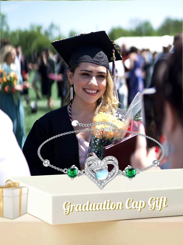 Sterling Silver Graduation Cap Ankle Bracelets with May Birthstone-5