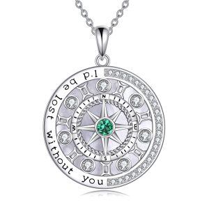 Sterling Silver Compass Pendant Necklace with May Birthstone -0