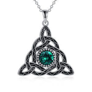 Sterling Silver Celtic Knot Triangle Pendant Necklace with May Birthstone-0