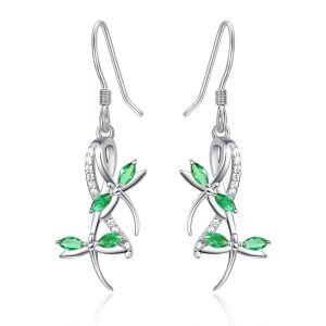 Sterling Silver Dragonfly Dangle Earrings with May Birthstone-0