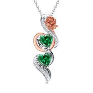 Sterling Silver Rose Flower Green Heart Crystal Pendant Necklace with May Birthstone-0