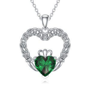 Sterling Silver Irish Claddagh Heart Pendant Necklace with May Birthstone-0