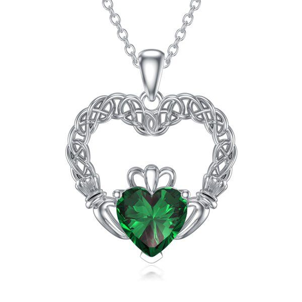 Sterling Silver Irish Claddagh Heart Pendant Necklace with May Birthstone-0