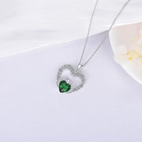 Sterling Silver Irish Claddagh Heart Pendant Necklace with May Birthstone-2