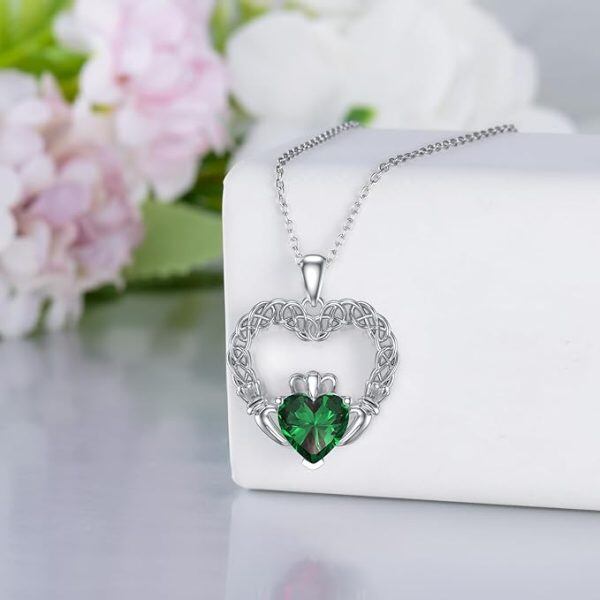 Sterling Silver Irish Claddagh Heart Pendant Necklace with May Birthstone-3