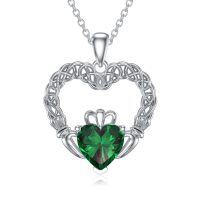 wholesale 925 Sterling Silver Green Emerald Celtic Knot Claddagh Heart Pendant Necklace for Women- Rhodium Plated