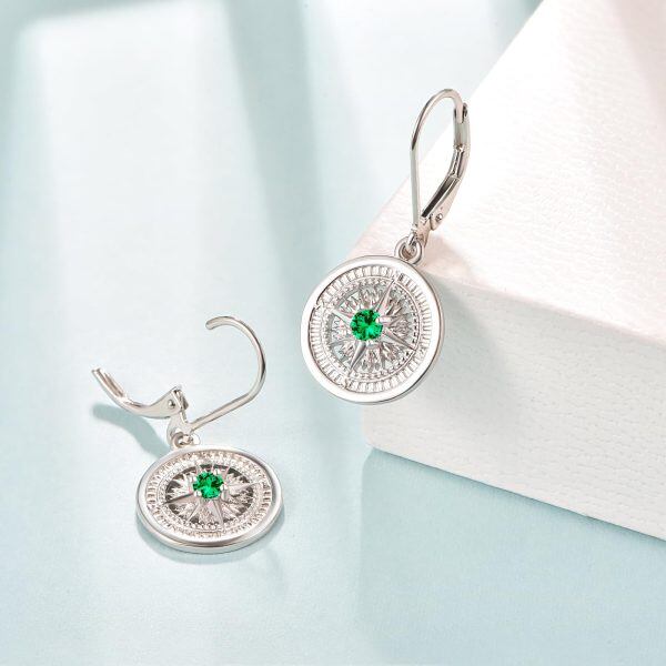 Sterling Silver May Birthstone Compss Drop Earrings-4