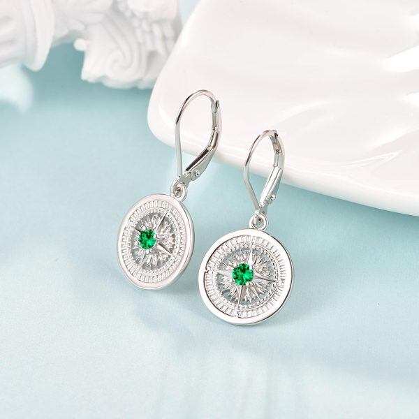 Sterling Silver May Birthstone Compss Drop Earrings-5