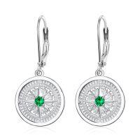 wholesale 925 Sterling Silver Green Emerald Compass Drop Earrings for Women- Rhodium Plated