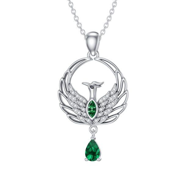 Sterling Silver Phoenix Pendant Necklace with May Birthstone-0