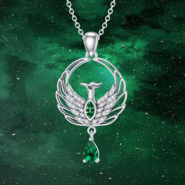 Sterling Silver Phoenix Pendant Necklace with May Birthstone-1