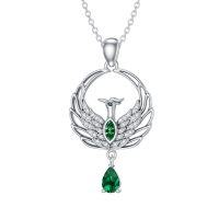 wholesale 925 Sterling Silver Metal Synthetic Stone Green Crystal Phoenix Pendant Necklace for Women Gifts- Rhodium Plated
