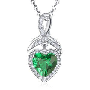 Sterling Silver Green Cubic Zirconia Heart Pendant Necklace with May Birthstone-0