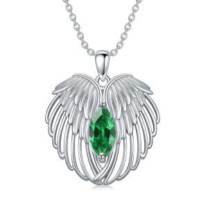 Sterling Silver Angel Wings Pendant Necklace with May Birthstone-0