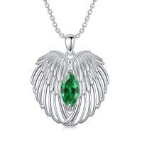 wholesale 925 Sterling Silver Emerald Green Gemstone Angel Wing Pendant Necklace for Women's Gift- Rhodium Plated