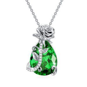 Sterling Silver Rose Flower Crystal Pendant Necklace with May Birthstone-0