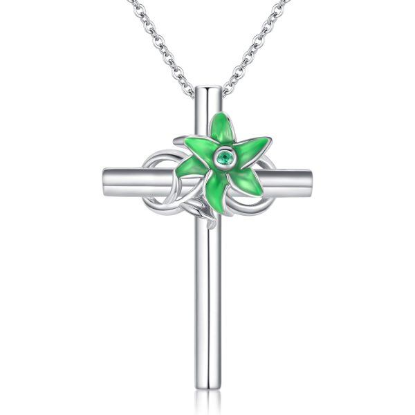 Sterling Silver May Birth Flower Lily Cross Pendant Necklace-0