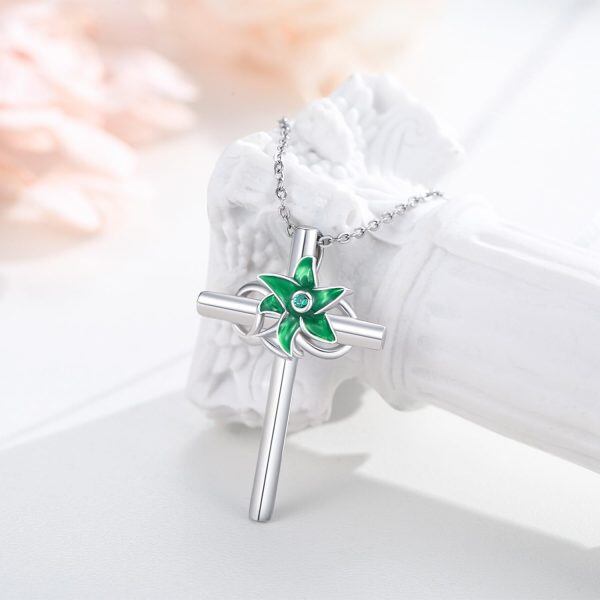 Sterling Silver May Birth Flower Lily Cross Pendant Necklace-4