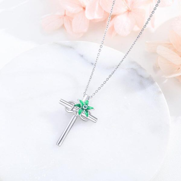 Sterling Silver May Birth Flower Lily Cross Pendant Necklace-5