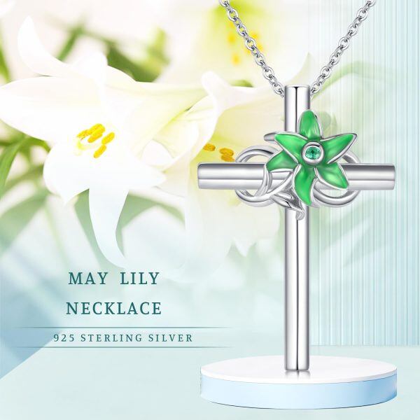 Sterling Silver May Birth Flower Lily Cross Pendant Necklace-6