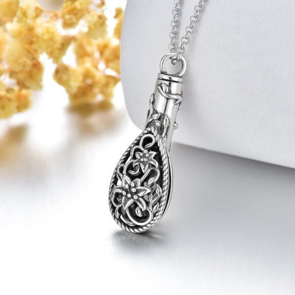 Sterling Silver Oxidized Lily Flower Teardrop Urn Necklace-4