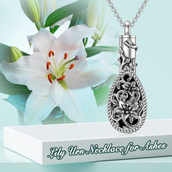 Sterling Silver Oxidized Lily Flower Teardrop Urn Necklace-5