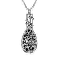 wholesale 925 Sterling Silver Black Crystal Floral Tear Drop Cremation Keepsake Pendant with Chain- Oxidized/Oxidised