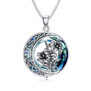 Sterling Silver Oxidized Lily Flower Pendant Necklace with Crystal Circle-0