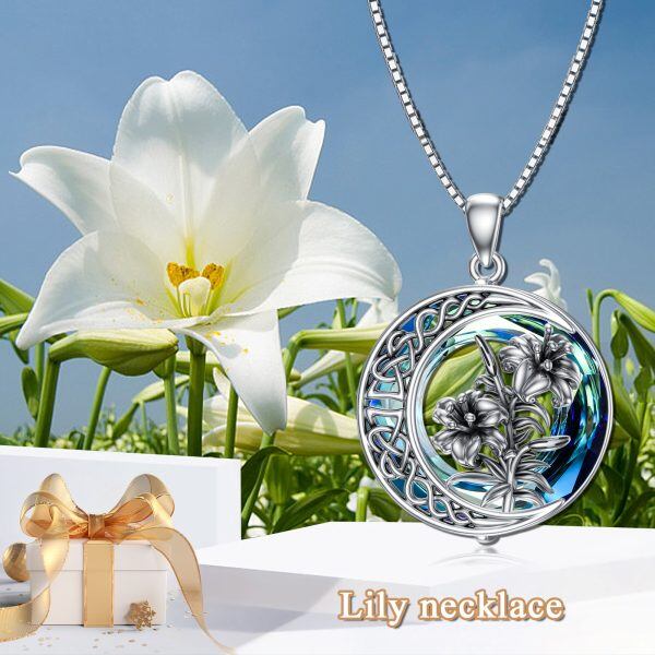 Sterling Silver Oxidized Lily Flower Pendant Necklace with Crystal Circle-3