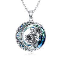 wholesale 925 Sterling Silver Round Blue Crystal Lily Birth Flower Pendant Necklace- Oxidized/Oxidised