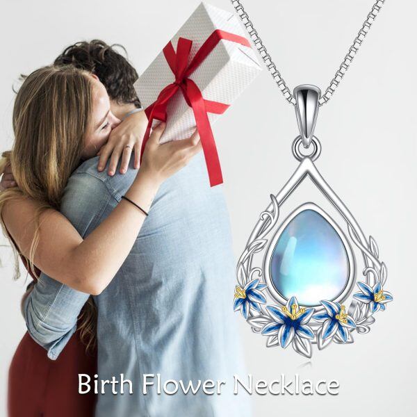 Sterling Silver May Birth Flower Pendant Necklace with Moonstone-5