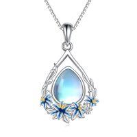 wholesale 925 Sterling Silver Teardrop Blue Moonstone Birth Flower Pendant Necklace for Women and Girls- Rhodium Plated