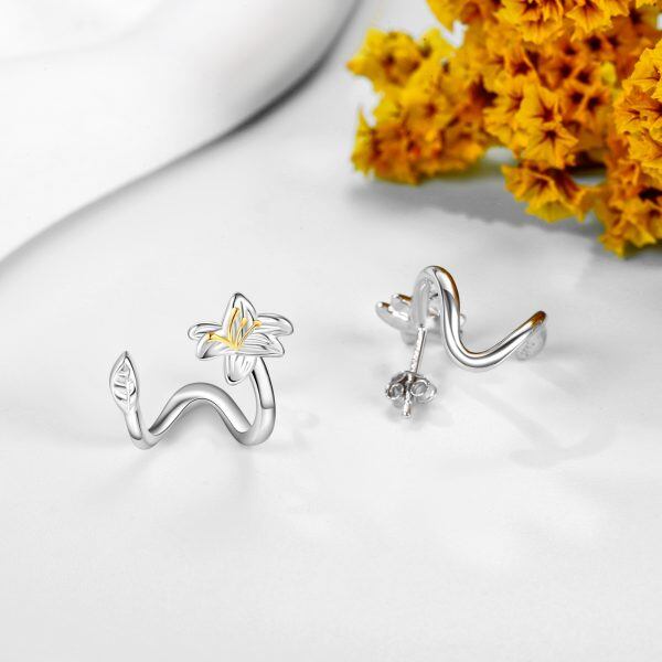 Sterling Silver May Birth Flower Lily Flower Stud Earrings-4