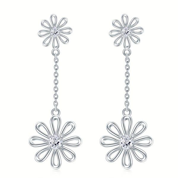 Sterling Silver April Birth Flower Daisy Dangle Earrings-0