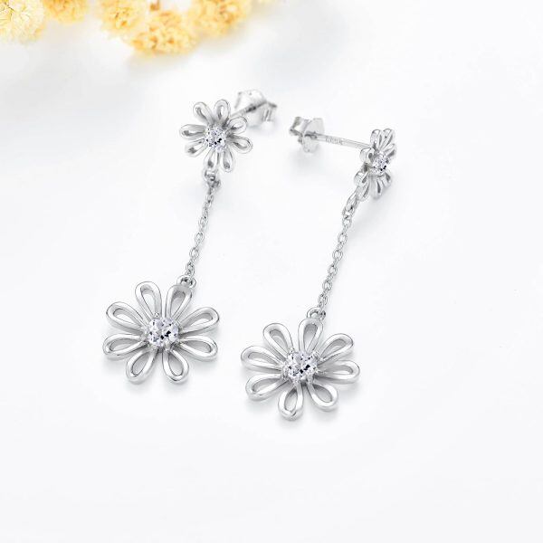 Sterling Silver April Birth Flower Daisy Dangle Earrings-5