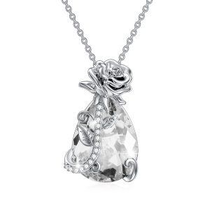 Sterling Silver Rose Flower Crystal Pendant Necklace with April Birthstone-0