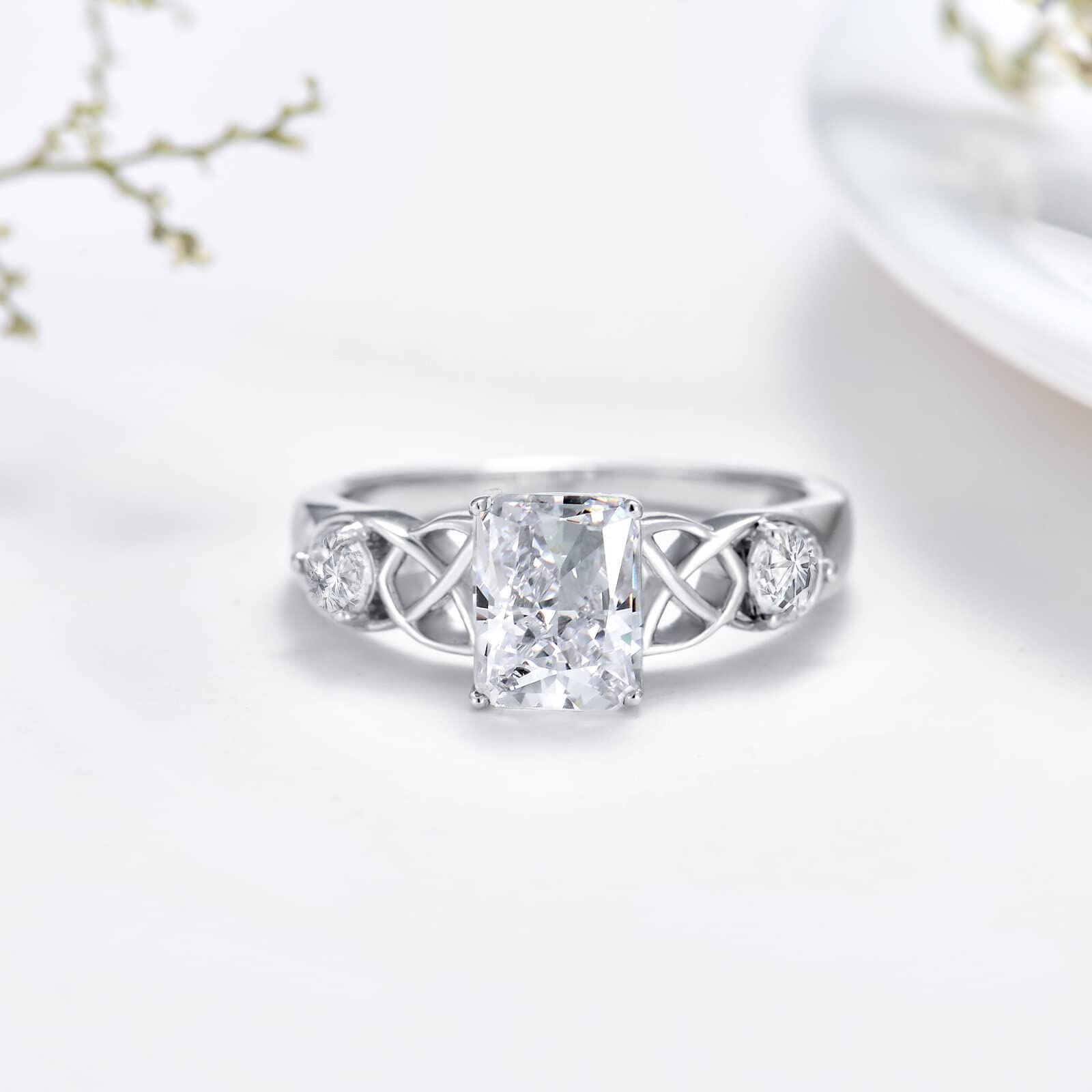 Sterling Silver Celtic Knot Square Crystal Rings with April Birthstone - US # 6-0-3