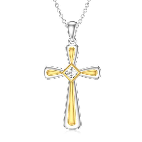 Sterling Silver Faith Cross Pendant Necklace with April Birthstone-0