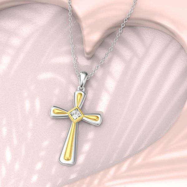 Sterling Silver Faith Cross Pendant Necklace with April Birthstone-3